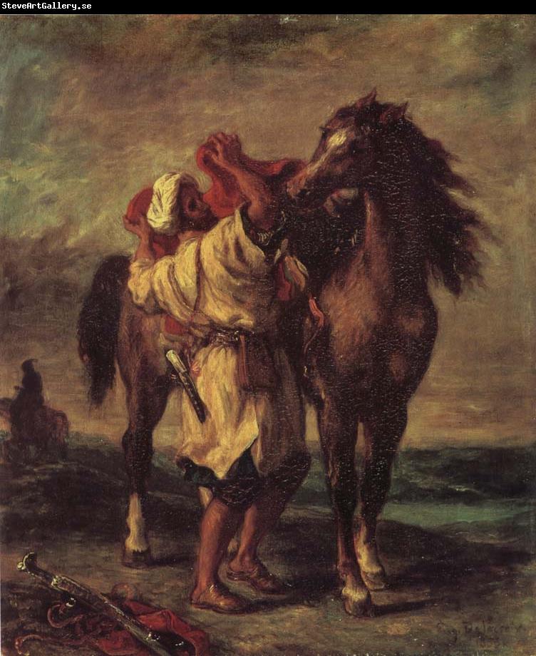 Eugene Delacroix Moroccan in the Sattein of its horse